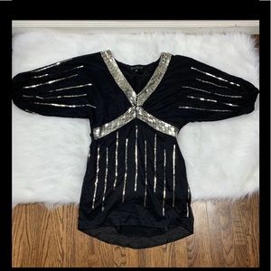 Sheri Bodel Silver Sequin Black Tunic Blouse Top